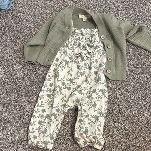 Jessica Simpson Sage Green Floral Jumpsuit with Knit Cardigan